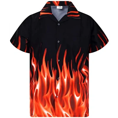 Image of King Kameha Funky Hawaiian Shirt, Men, Shortsleeve, Flames, Orange, XL