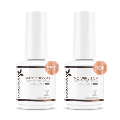 Image of Nicedeco Gel Polish No Wipe Top Coat Matte Set, 2PCS 15ML for Nail Shine Finish and Long Lasting