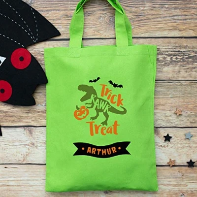 Image of Personalised dinosaur trick or treat bag (Green bag) Halloween bags options