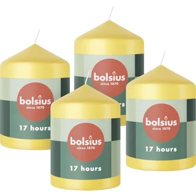Image of Bolsius Pillar Candles Yellow 4 Pack 8 x 6 cm Decorative Household Long Burning Time of 17 Hours Unscented Includes Natural Vegan Wax Without Palm Oil