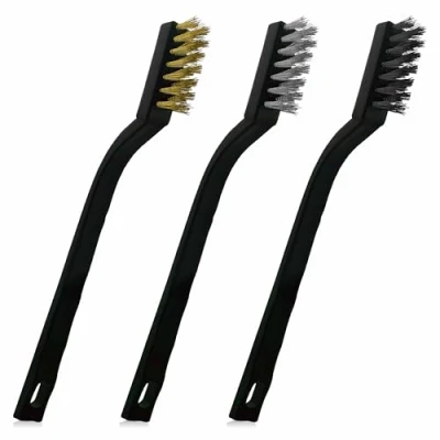 Image of Pack of 3 Steel Nylon &amp; Copper Wire Brush Cleaning Paint Metal Rust Remover Brushes (Pack 3x Mini Steel)