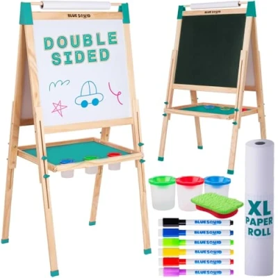 Image of Blue Squid Art Easel for Kids Dual Sided Adjustable Wooden Painting Easels with Magnetic Chalk Board, White Board &amp; Paper Roll Includes Accessories Toddlers Children 3 to 12
