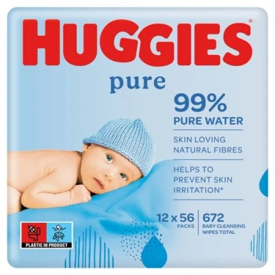 Image of Huggies Pure, Baby Wipes, 12 Packs (672 Wipes Total) Natural Wet for Sensitive Skin 99 Percent Pure Water Fragrance Free to Clean and Protect