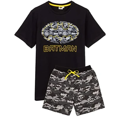 Image of DC Comics Batman Pyjamas For Men Short OR Long Leg Bottom Options Camo PJS Adults Superhero Black T Shirt &amp; Adjustable Drawstring Loungepants Gift
