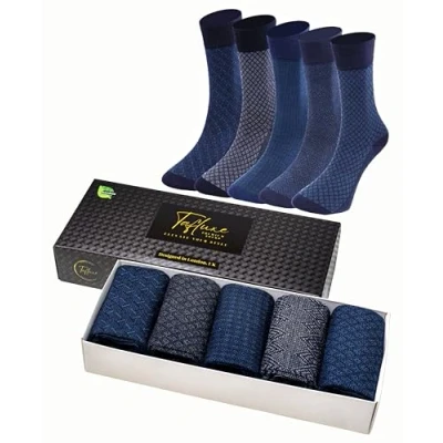 Image of Tafluxe Bamboo Socks for Men, Soft, Seamless, Oderless, Extra Durable, Antibacterial, Breathable, All Seasons, 5 Pairs with a Gift Box (Blue Gray Black Tones)