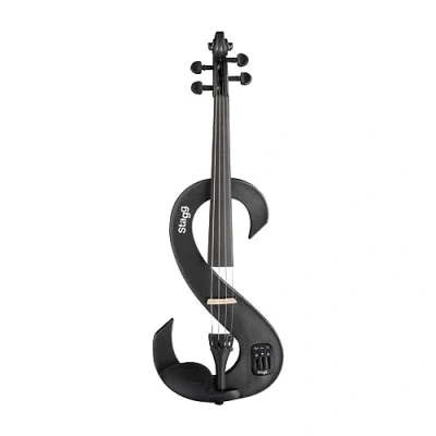 Image of Stagg Full Size 4/4 Electric Silent Violin Set with Bow, Hard Case, Strap, Stereo Headphones and Rosin, Metallic Black, S Shape