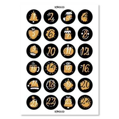 Image of Pack of 24 Modern Christmas Advent calendar paper Stickers, holiday 2019, numbers, DIY calendar,