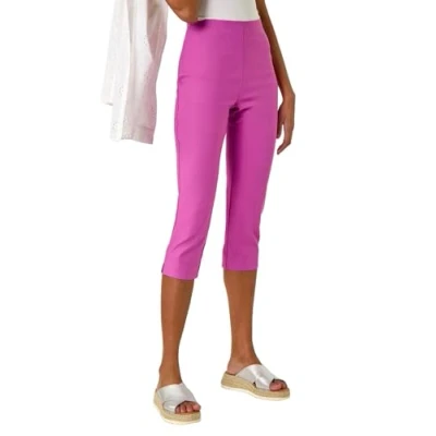 Image of Roman Originals Cropped Trousers for Women UK Ladies Capri Leggings Summer Pants Short Crop Stretch 3/4 Length Three Quarter Pedal Pusher Clothes Elasticated Bengaline Cut Off Violet Size 16