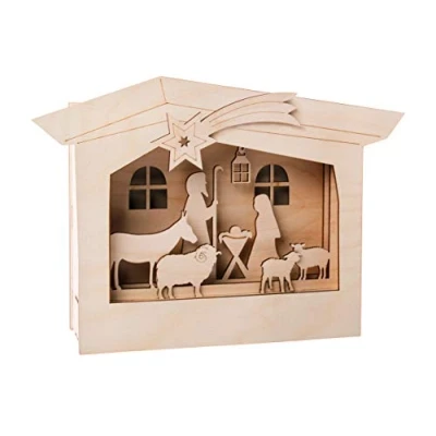 Image of Rayher Shadow Box Building Kit with 3D Nativity Scene, DIY Wood Craft Set, 13 slot together Pieces, natural wood, 24x24x6.3cm