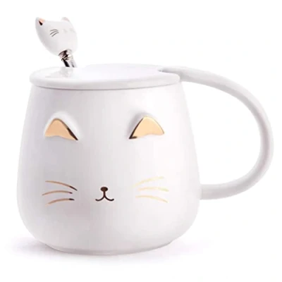 Image of Cute Cat Mugs Coffee Mug Set with lid and Lovely Kitty Spoon Novelty Morning Tea Milk for Lovers Girls Women Christmas Birthday Gift 400ML/14oz (White)