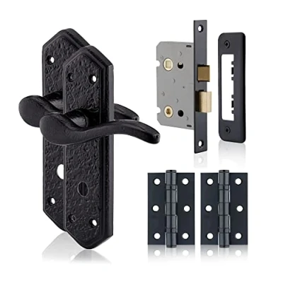 Image of XFORT Smithy&#039;s Range London Suite Lever Bathroom Pack Black Antique, Complete Set with Handles, 65mm Lock and 75mm Ball Bearing Hinges, Door Handles for Internal Wooden Doors.