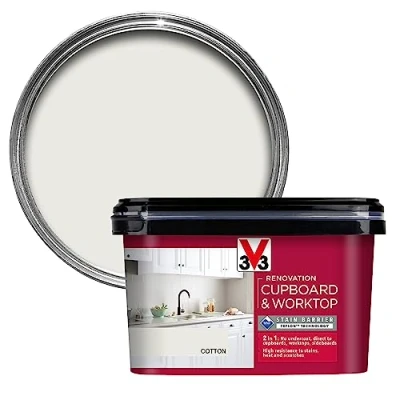Image of V33 Renovation Cupboard &amp; Worktop Paint Cotton 2L No Undercoat Durable Finish High Resistance To Water, Stains Scratches Washable Resistant Cleaning Products