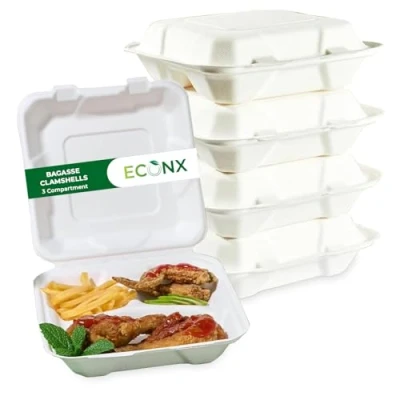 Image of ECONX Eco Friendly 3 Compartment Bagasse Clamshell Takeaway Boxes 9x9 Inch 25pcs Container Compostable Biodegradable Disposable Meal Food Box Lunch