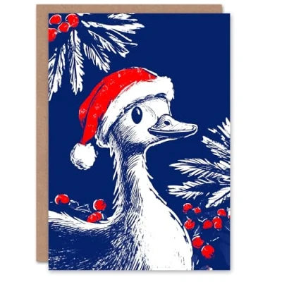 Image of Artery8 Cute Goose With Santa Hat And Holly Blank For Him Or Her Art Xmas Festive Christmas Card