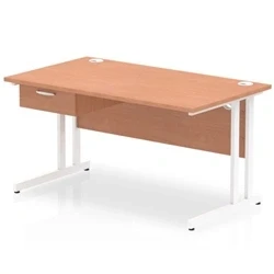 Image of Impulse 1400x800 Desk Beech/White Cantilever Leg 1x1 Drawer Fixed Ped