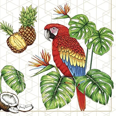 Image of DAISY 3 Ply Spring Flowers Tissue Paper Napkins Serviettes for Decoupage Lunch 33cm x Pack of 20 (Parrots with Tropical Motifs)