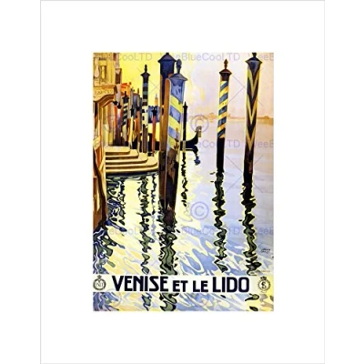 Image of Wee Blue Coo TRAVEL VENICE ITALY CANAL GONDOLA LIDO BATHING VINTAGE ADVERT ART PRINT B12X1760