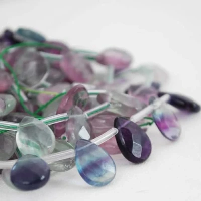 Image of 10 Rainbow Fluorite Semi Precious Gemstone Faceted Teardrop Beads 12mm x 8mm