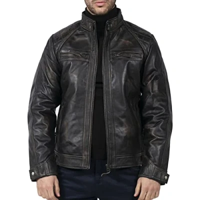 Image of TruClothing Men&#039;s Biker Jacket Outwear Windproof Winter Motorcycle Rider Real Leather Jackets Coat Retro Black Vintage 4XL