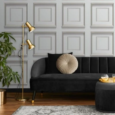 Image of SOPHIE LAURENCE Light Grey Panel Effect Wallpaper Metallic Realistic 3D Wood Paste The Paper for Living Room Bedroom Feature Wall (Sample)