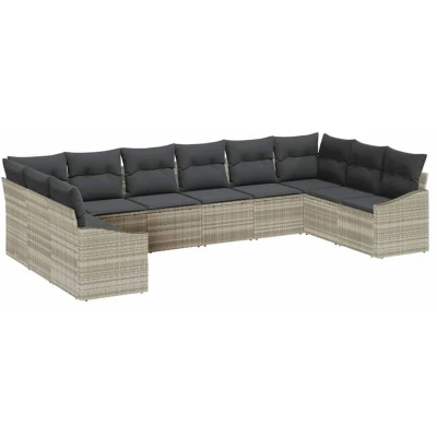 Image of vidaXL 10 Piece Garden Sofa Set with Cushions Light Grey Poly Rattan