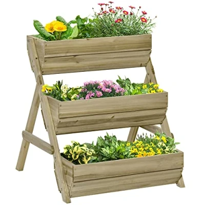 Image of Outsunny 3 Tier 66L Raised Garden Bed Wooden Elevated Planter Box Kit for Flower, Vegetable, Herb, 65 x 75 76cm, Green