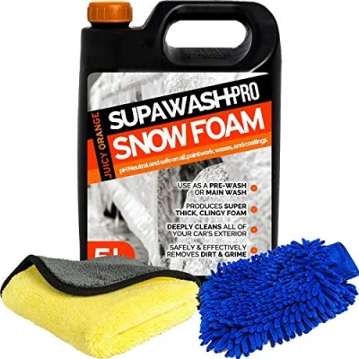 Image of SUPAWASH PRO Orange Snow Foam Car Shampoo 5L with 1 x Microfibre Cloth &amp; Wash Mitt pH Neutral Detailing Kit