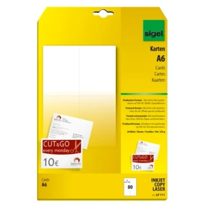 Image of SIGEL LP711 Postcards / Invitation Cards, A6, 185 gsm, 80 Pieces equal to 20 sheets, White