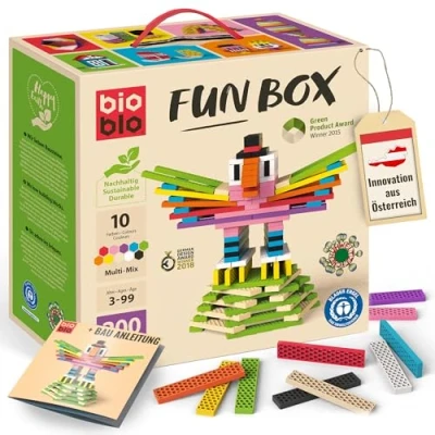 Image of bioblo Fun Box Multi Mix Pack of 200 Sustainable Colourful Building Blocks for Children from 3 Years Wooden Children&#039;s Toy STEM Montessori Stacking &amp; Balancing Games