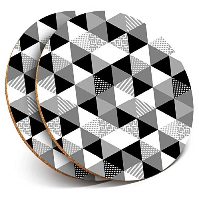 Image of 2 x Round Coasters Black White Geometric Cork Backed Home Kitchen Accessory Tea Coffee Mug Mat #39099