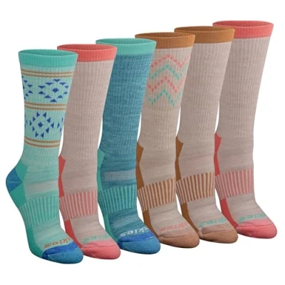 Image of Dickies Women&#039;s Dri tech Fashion Moisture Control Crew Socks, Available in S XL (5, 6, 12, Max Cushion Blue Coral Assorted (6 Pairs), M