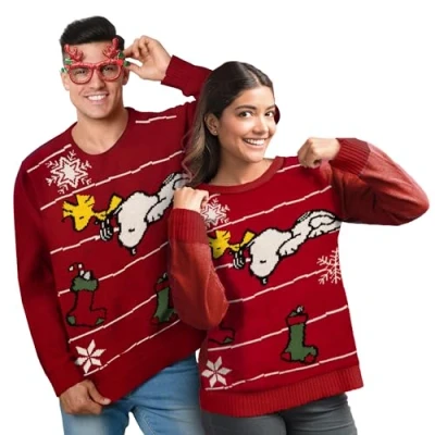 Image of The Peanuts Winter Jumper Unisex Snoopy Knitted Pullover Sweatshirt Ugly Sweater for Men and Women red, S