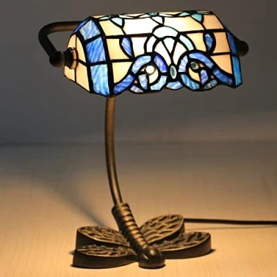 Image of Uziqueif Blue Glass Bankers Desk Lamp, Handmade Lamp Shades, Tiffany Style, Dragonfly Stained Office Coffee Bar