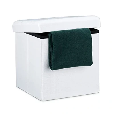 Image of Relaxdays Folding Ottoman 38 x cm Storage Chair, Footstool Pouf Box Cube, Removable Lid, White