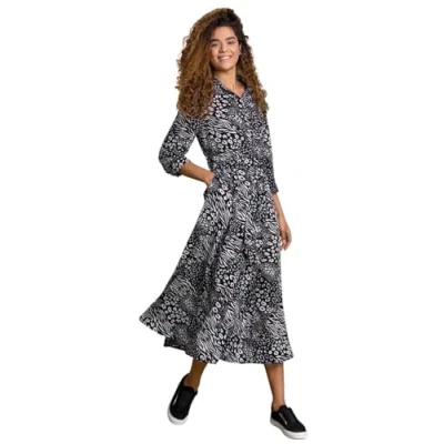 Image of Roman Originals Shirt Dress for Women UK Ladies Belted Collared Midi Maxi Summer Smart Casual Button Through Evening Office A Line Swing Skater Spring Holiday Vacation Black White Size 8