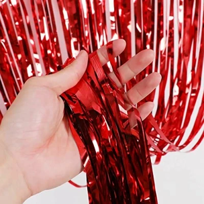 Image of Mr. Gadget Solution® Red Foil Tinsel Curtains, 1x2 Metallic Fringe Curtains Shimmer Photo Booth Backdrop Curtain for Birthday Wedding Party Christmas Decorations
