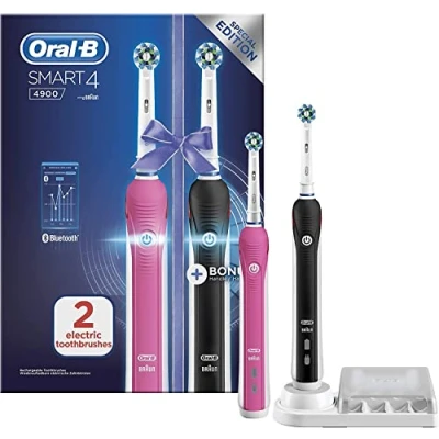 Image of Oral B Smart 4 2x Electric Toothbrushes For Adults, Mothers Day Gifts Her / Him, App Connected Handles &amp; 2 Toothbrush Heads, 3 Modes with Teeth Whitening, Pin UK Plug, 4900, Pink/Black