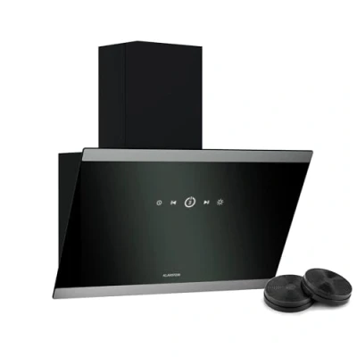 Image of Klarstein FlashLine Cooker Hood 60cm Angled Extractor Hood, Touch Screen, 524 m3/h Air Flow, A++ Energy Efficiency, LED Lighting, Quiet 34.5 dB, Black, Ducted &amp; Recirculating