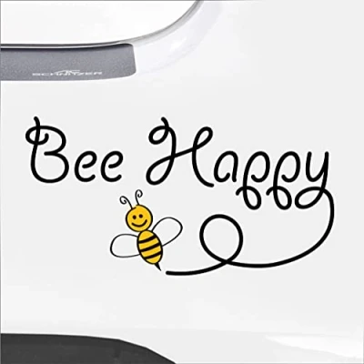 Image of Bee Happy Pack of 2 Vinyl Decal Sticker Car, Wall, Laptop, Campervan, Caravan, Window