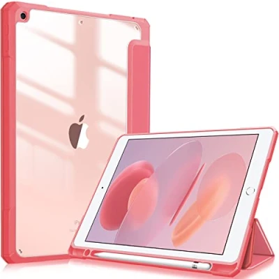 Image of FINTIE Hybrid Case Compatible with iPad 9th/8th/7th Generation (2021/2020/2019 Model, 10.2 inch) Shockproof Cover Clear Back Shell w/Pencil Holder, Auto Wake/Sleep, Pink