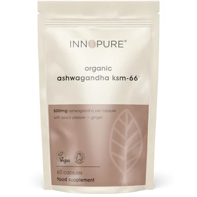 Image of INNOPURE Organic Ashwagandha KSM 66® 60 Capsules High Strength Complex with 5% Withanolides, Ginger &amp; Black Pepper Each Capsule Providing 500mg of Pure UK Made
