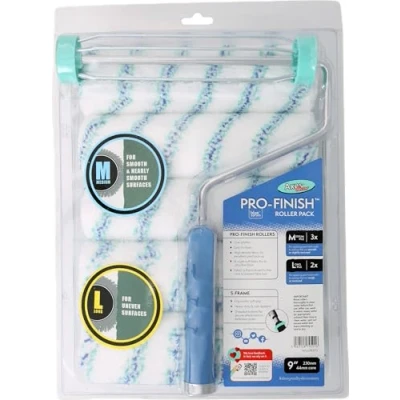 Image of Axus Decor Pro Finish 6PC Roller Pack (Blue Series) Sleeves with 3 Medium Pile &amp; 2 Long Pile, Paint Tray Frame for Professional DIY Projects Core Diameter 1.75&quot; (9&quot;/230mm,44mm core)