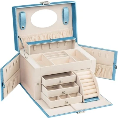 Image of AdelDream Four Layer Jeweller&#039;s Box Earrings with Final Pendants Necklaces Mirror Compartments and Storage Spaces Blue