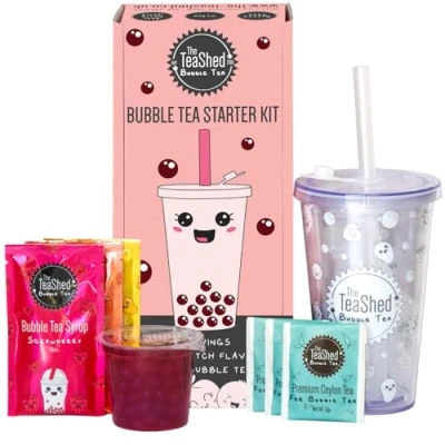 Image of Boba Tea Starter Kit with Reusable Bubble Cup and Straw Includes a selection of Syrups, Premium Raspberry Popping Makes 3 Teas Vegan By THE TEASHED