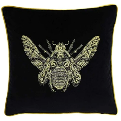 Image of Riva Paoletti Cerana Cushion Cover Super Soft Velvet Fabric Embroidered Gold Bee Design Piped Edges 100% Polyester Black 50 X 50cm (20&quot; 20&quot; Inches)