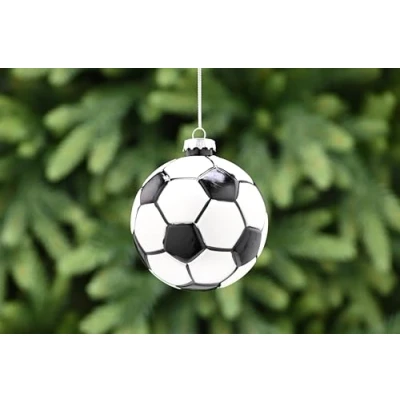 Image of Festive Productiions 9cm Glass Silver Black and White Football Shaped Hanging Christmas Bauble Decoration