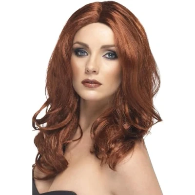 Image of Smiffys Superstar Wig, Auburn Long, Wavy, with Skin Parting, Ladies Glamour Wigs Fancy Dress, Adult Dress Up