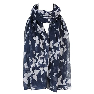 Image of London scarfs Women s fashion Butterfly Print Long Scarves floral Neck Scarf Shawl (Navy)
