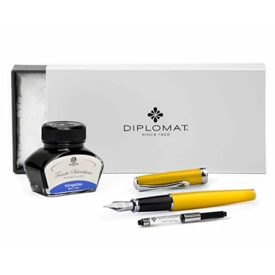 Image of Diplomat Excellence A2 Yellow Fountain Pen with Writing Ink and Converter, Stainless Steel Nib Size M Set