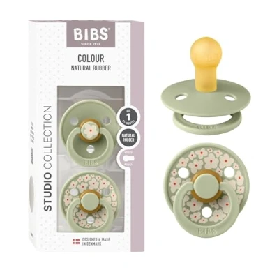 Image of BIBS Colour Studio Soother 2 Pack, BPA Free Dummy Pacifier, Round Nipple. Natural Rubber Latex, Made in Denmark, Size 1 (0 6 Months), Jasmine Sage